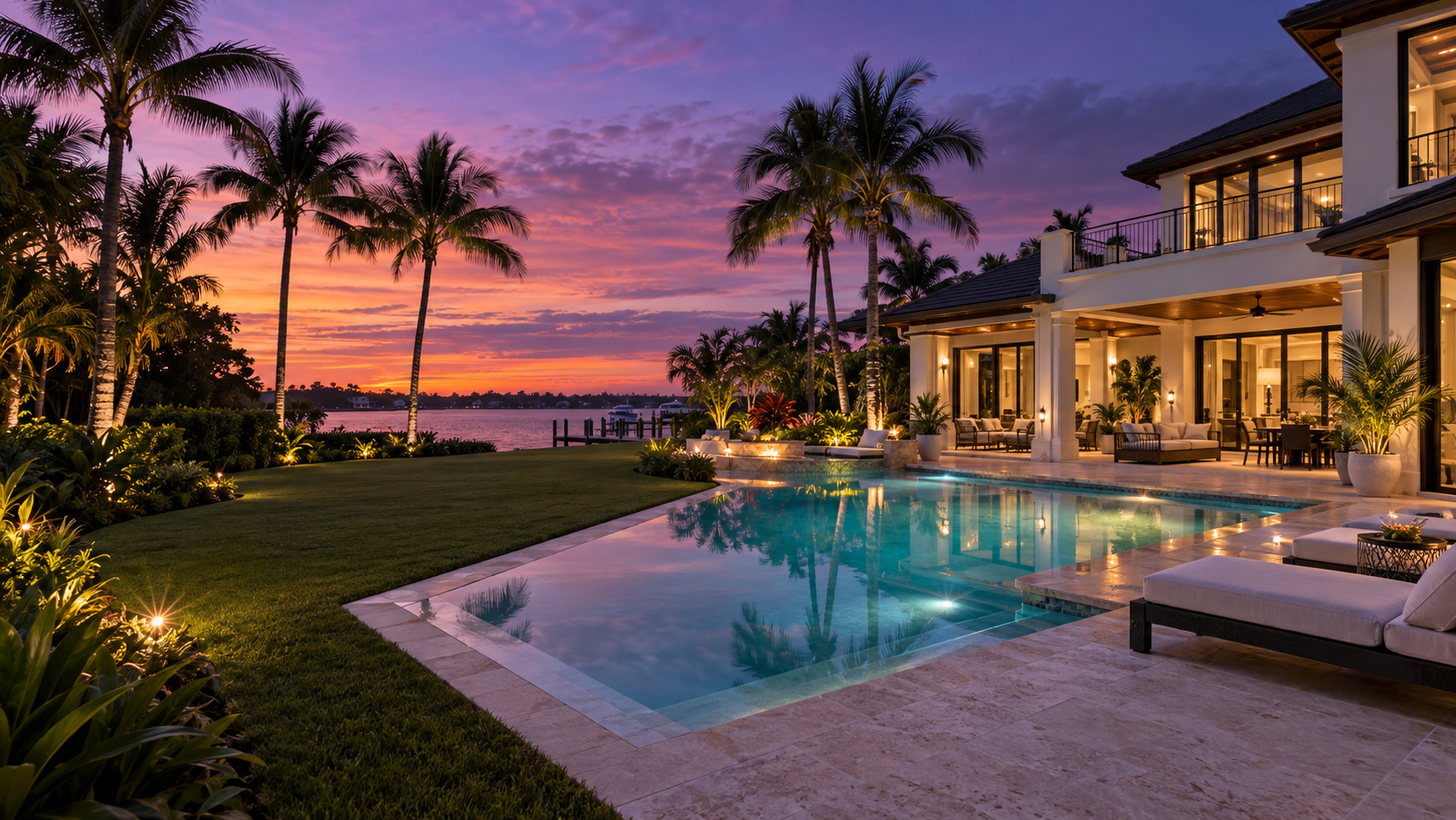 Luxury coastal outdoor living inspiration with palms and a pool